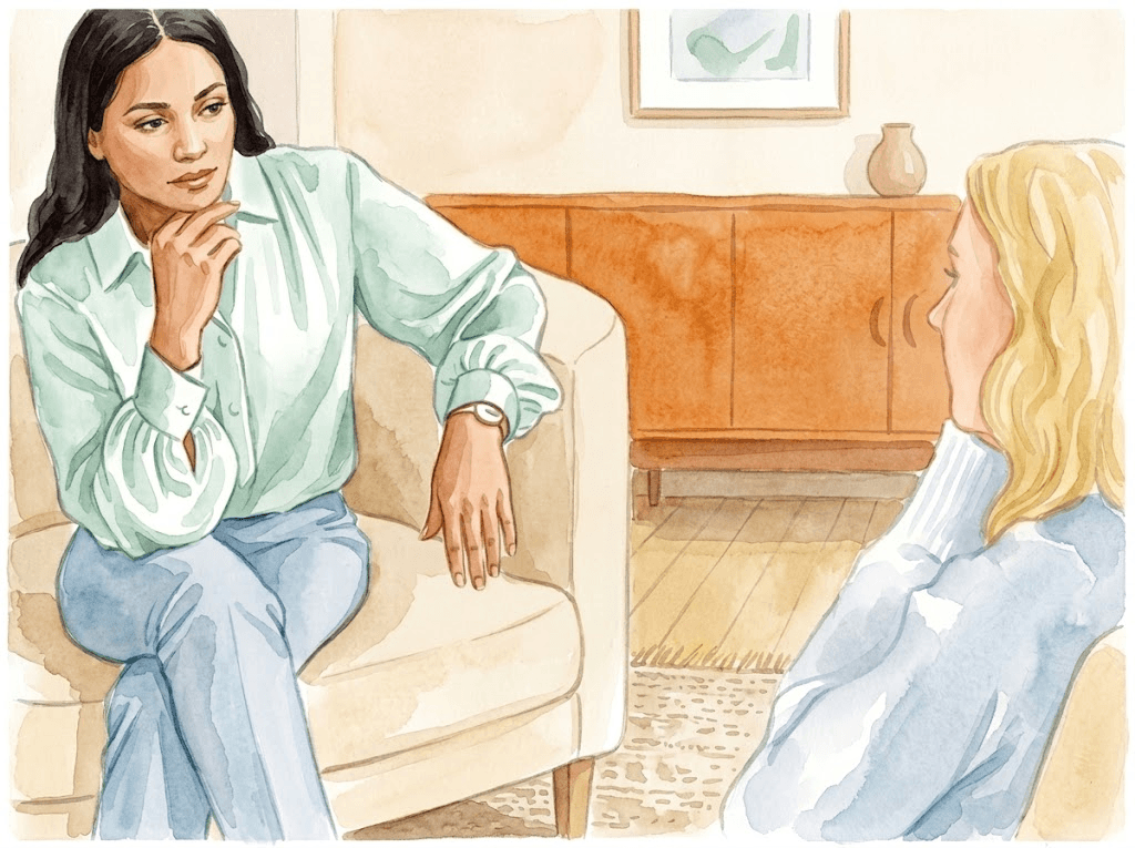 A therapist and client seated across from each other in a warm, sunlit room during a calm counseling session